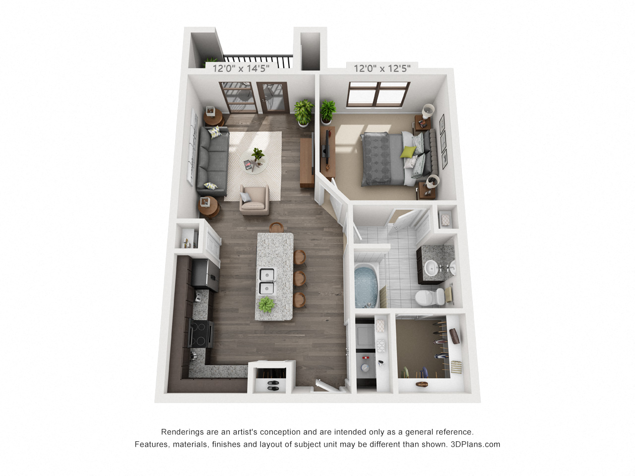 Floor plan for 1 bed, 1 bath, 725 sqft